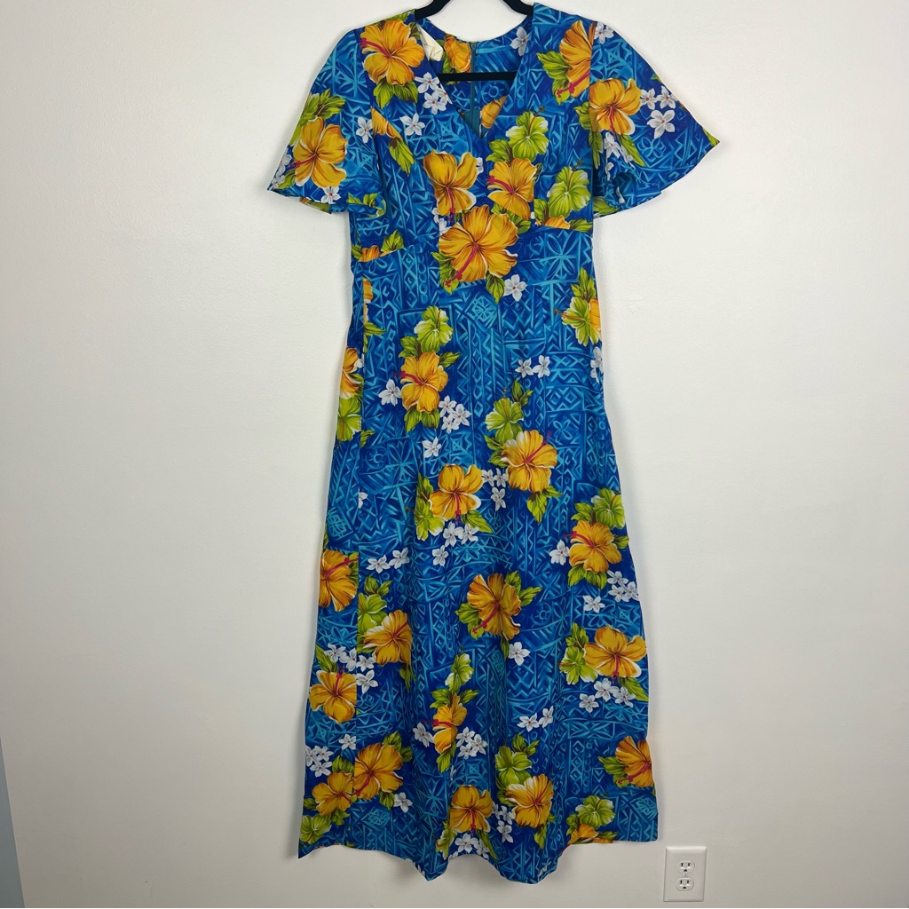 Royal Hawaiian Vintage Maxi Dress Flutter Sleeves Blue Yellow Size 12